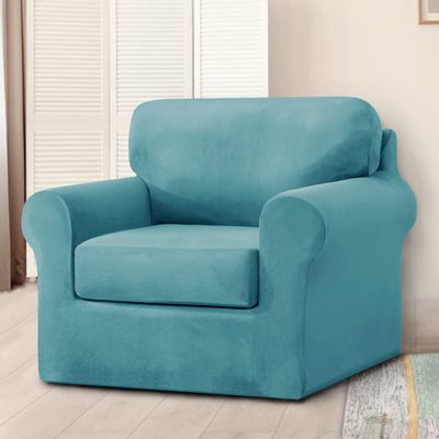 XSlive 3 Pieces Velvet High Stretch Sofa Covers for 1 Cushion Couch Sofa Slipcovers, Washable Furniture Protector with Drawstring Anti Slip Bottom, Soft and Plush Fabric for Kids and Pet (Blue)