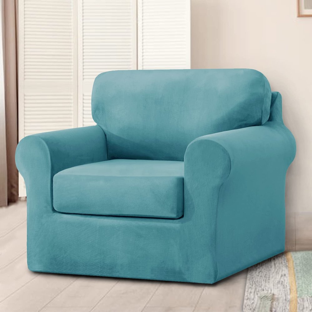 XSlive 3 Pieces Velvet High Stretch Sofa Covers for 1 Cushion Couch Sofa Slipcovers, Washable Furniture Protector with Drawstring Anti Slip Bottom, Soft and Plush Fabric for Kids and Pet (Blue)