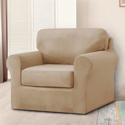 XSlive 3 Pieces Velvet High Stretch Sofa Covers for 1 Cushion Couch Sofa Slipcovers, Washable Furniture Protector with Drawstring Anti Slip Bottom, Soft and Plush Fabric for Kids and Pet (Sand)