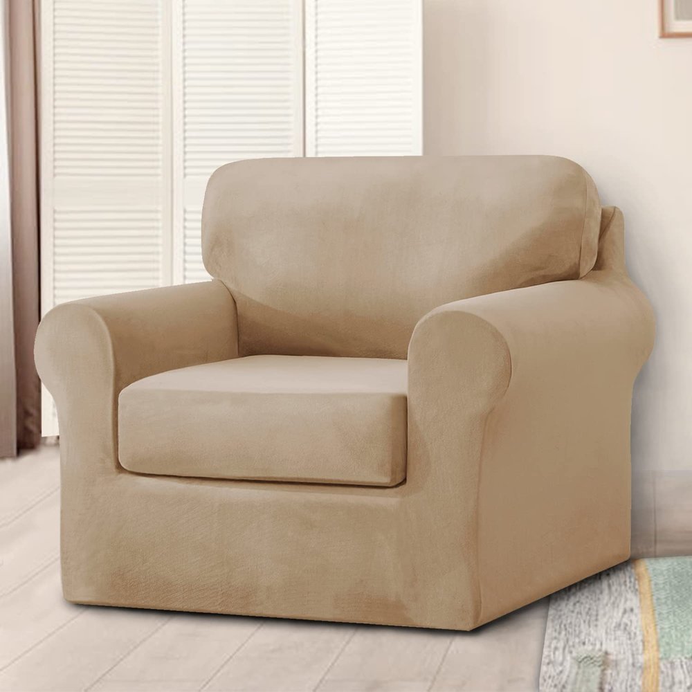 XSlive 3 Pieces Velvet High Stretch Sofa Covers for 1 Cushion Couch Sofa Slipcovers, Washable Furniture Protector with Drawstring Anti Slip Bottom, Soft and Plush Fabric for Kids and Pet (Sand)