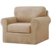 XSlive 3 Pieces Velvet High Stretch Sofa Covers for 1 Cushion Couch Sofa Slipcovers, Washable Furniture Protector with Drawstring Anti Slip Bottom, Soft and Plush Fabric for Kids and Pet (Sand) view 2