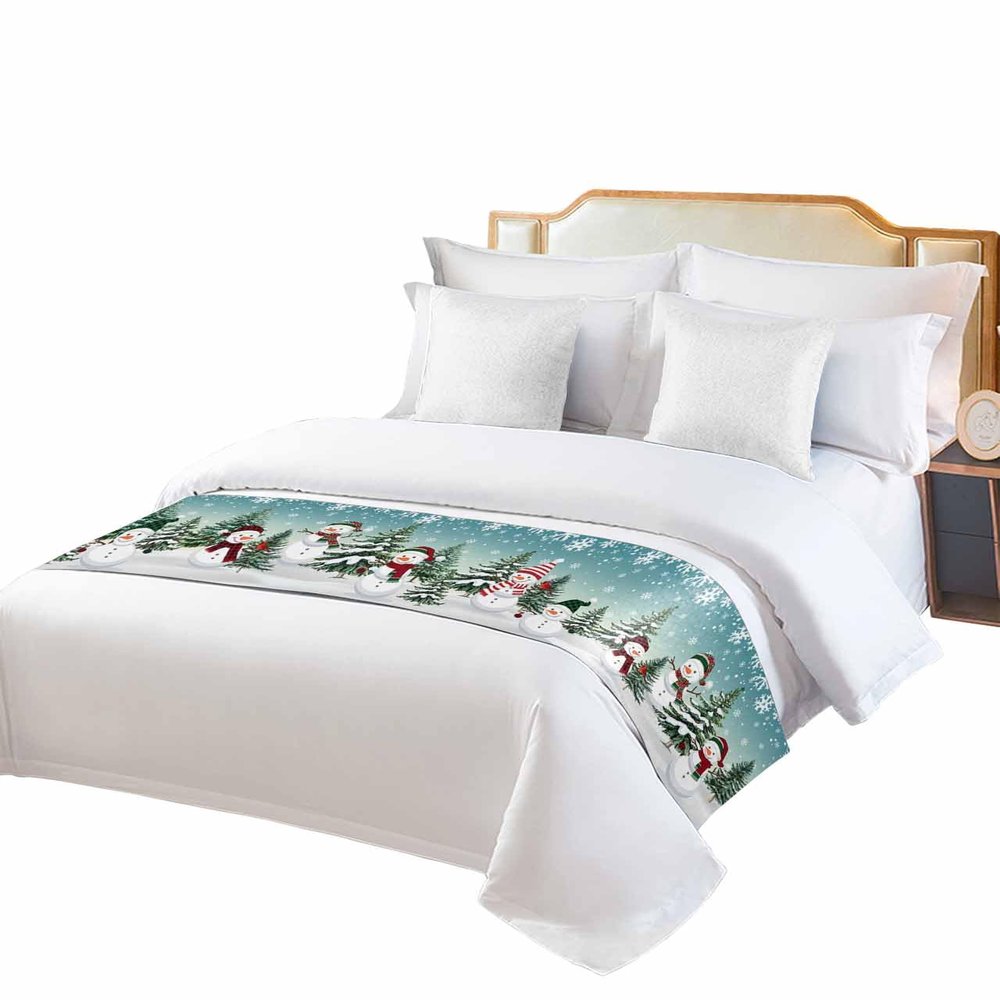 Christmas Bed Runner Scarf Christmas Tres Snowman in Towel Snowflake Pine Aqua Bedding Scarf Decorative Bed Runners Cover for Home Bedroom Hotel Wedding Room Bed Scarf for Foot of Bed Twin 71x20in