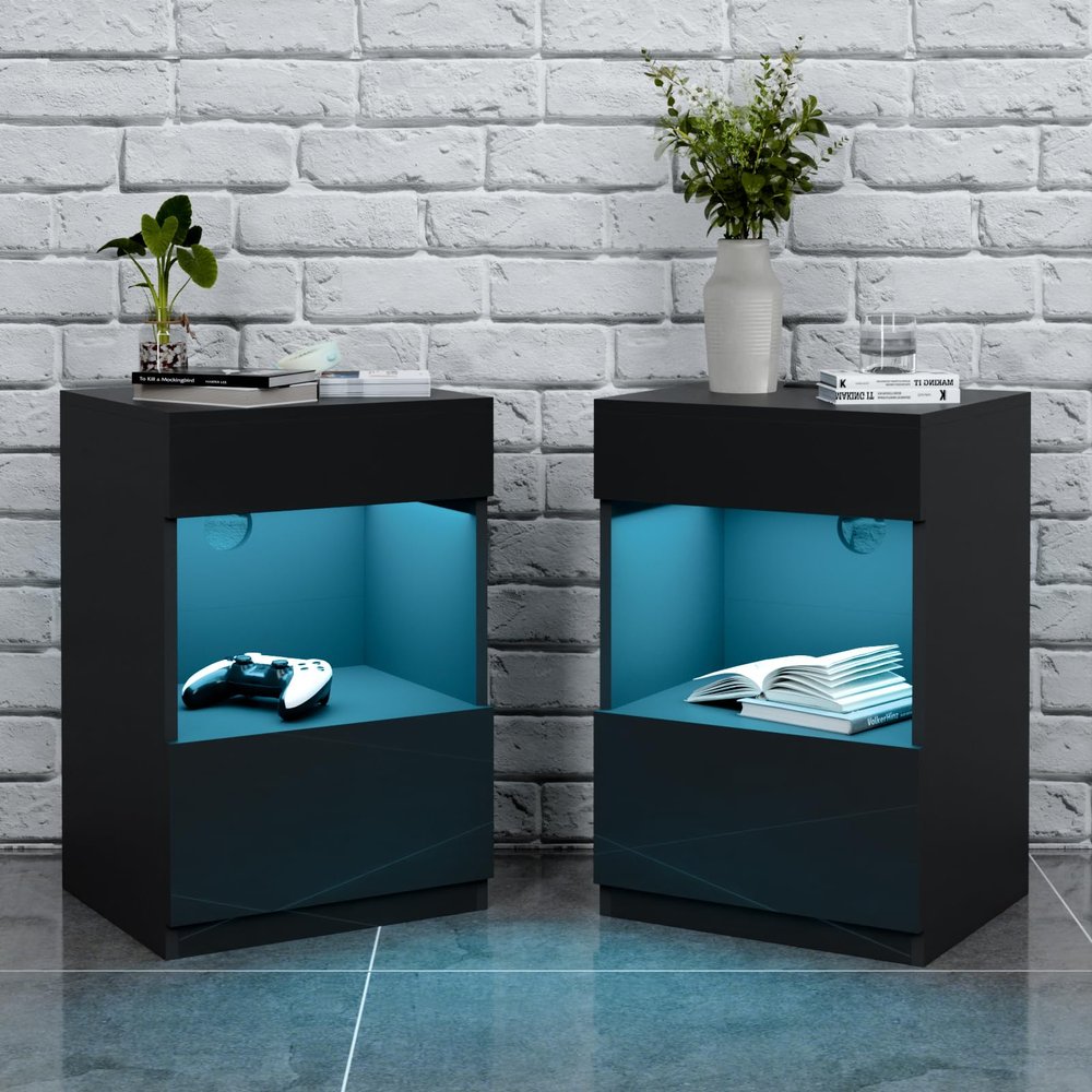 HOMMPA Set of 2 Open Shelf LED Nightstand with Charging Station 2 Drawers Bedside Table Black Night Stand with Storage Smart Nightstands High Gloss Night Table with Led Light for Bedroom Furniture