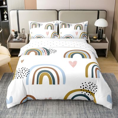 Castle Fairy 100% Pure Cotton Cartoon Rainbow Clouds Duvet Cover Set Queen for Kids Boys Hearts and Clouds Bedding Set Cartoon Style Rainbow Comforter Cover with 2 Pillowcases,Ultra Soft