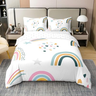 100% Natural Cotton Kids Rainbow Bedding Set King Size Watercolor Rainbow Stars Duvet Cover Luxury Light Cartoon Style Comforter Cover for Men Women Room