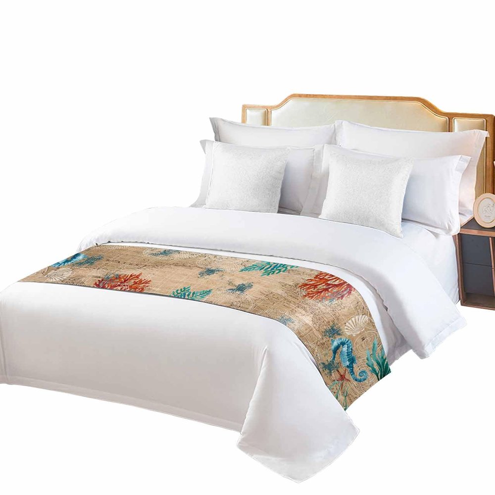 Smile Sunflower Bed Runner Scarf Nautical Theme Marine Life Seahorse Bedding Scarf Decorative Bed Runners Cover for Home Bedroom Hotel Wedding Room Bed Scarf for Foot of Bed Full 83x20in