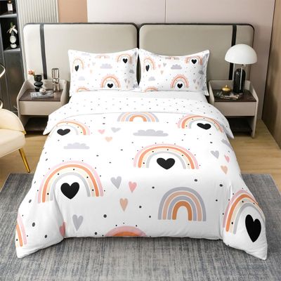 Rainbow 100% Cotton Bedding Set Bohemian Style Comforter Cover Set for Kids Teens Bedroom Decor Grey Clouds Hearts Duvet Cover Breathable Full Size 3 PCS(No Filler)