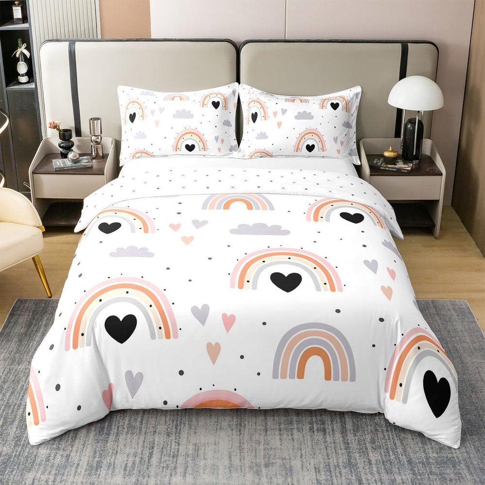 Rainbow 100% Cotton Bedding Set Bohemian Style Comforter Cover Set for Kids Teens Bedroom Decor Grey Clouds Hearts Duvet Cover Breathable Full Size 3 PCS(No Filler)