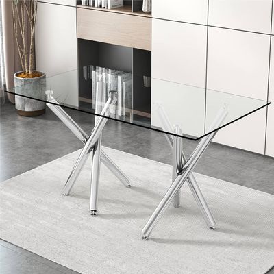 71 inch Glass Dining Table, Modern Dinner Table for 6-8 People, Kitchen Dining Room Table with Clear Glass Top & Sliver Chromed Legs, Rectangular Table for Dining Office Meeting Room