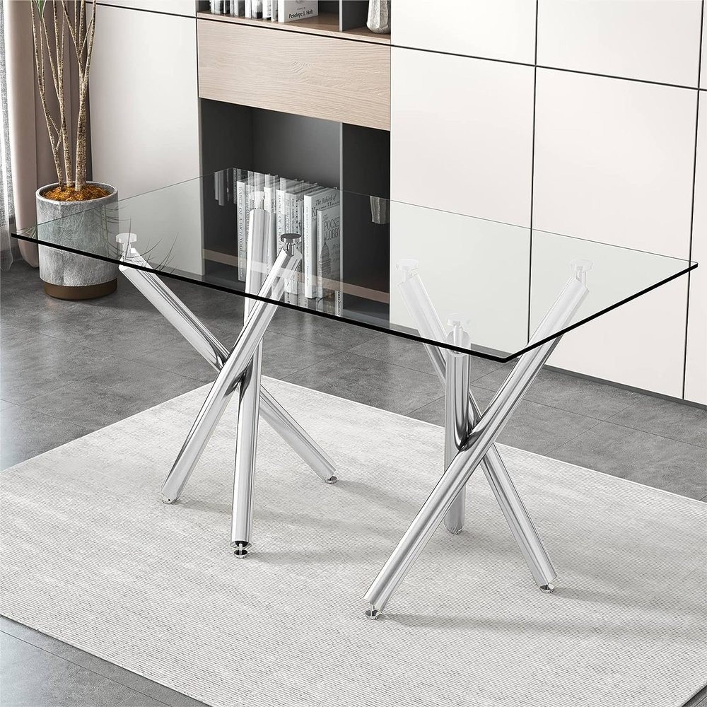 71 inch Glass Dining Table, Modern Dinner Table for 6-8 People, Kitchen Dining Room Table with Clear Glass Top & Sliver Chromed Legs, Rectangular Table for Dining Office Meeting Room