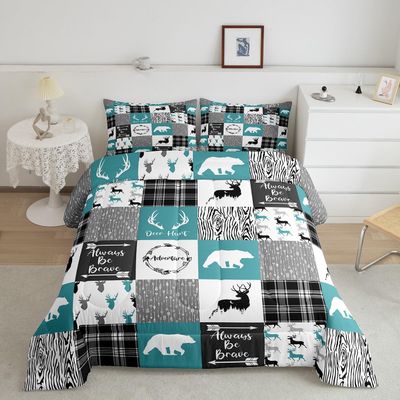 Bear Comforter Set Queen Farmhouse Decor,Elk Deer Moose Woodland Animals Western Bedding Set for Women Men,Grid Teal Buffalo Checked Plaid Down Comforter,Cabin Barn Door Tribal Hunting Arrow Quilt