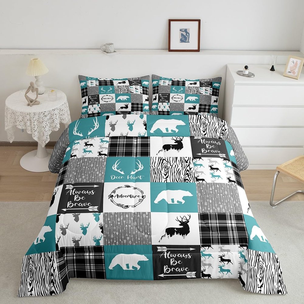 Bear Comforter Set Queen Farmhouse Decor,Elk Deer Moose Woodland Animals Western Bedding Set for Women Men,Grid Teal Buffalo Checked Plaid Down Comforter,Cabin Barn Door Tribal Hunting Arrow Quilt
