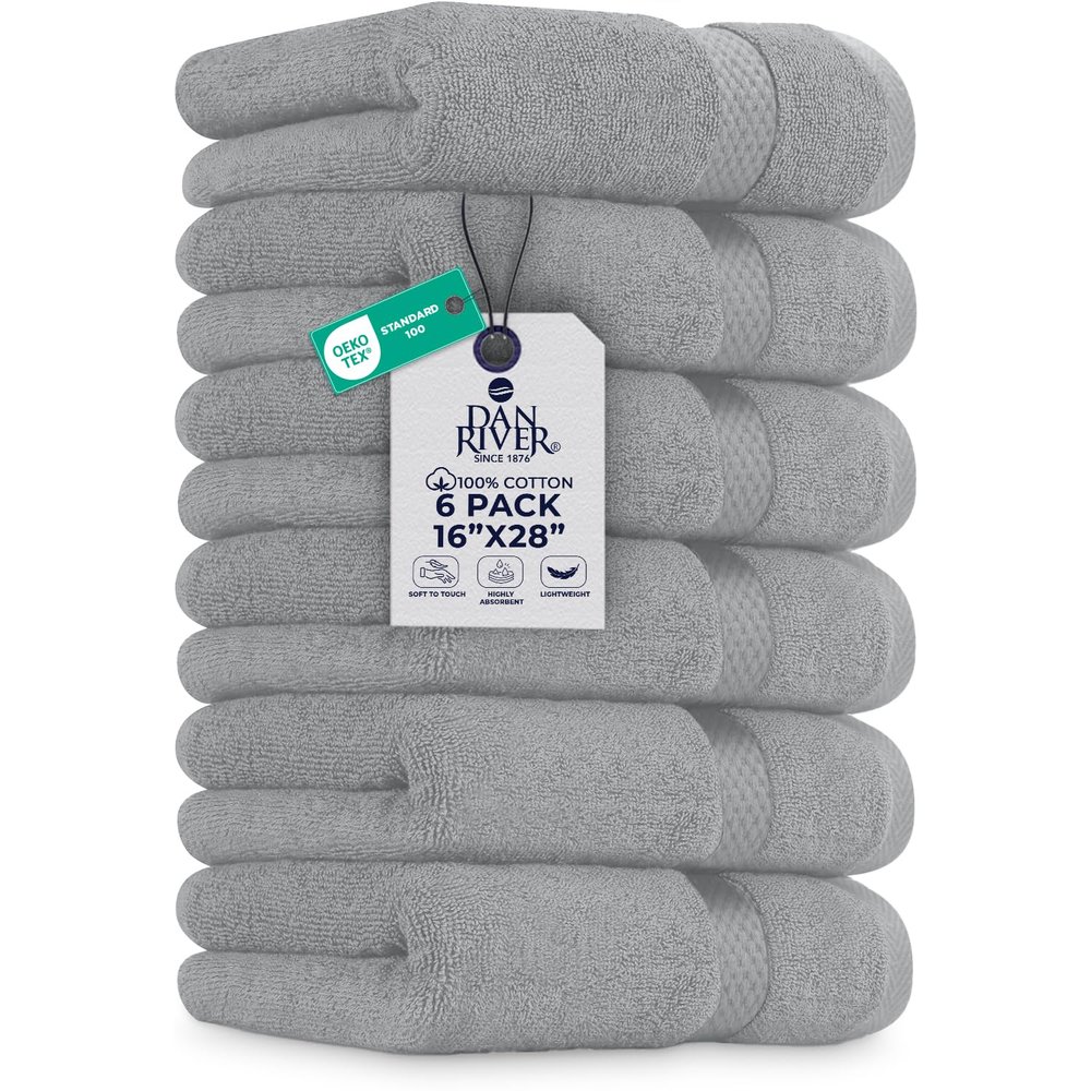 DAN RIVER 6-Pack Premium Hand Towels (16x28 Inches) - 100% Cotton, Ultra Soft, Lightweight, Highly Absorbent Towels for Bathroom, Spa, Gym, Salon, Hotel, and Travel - Silver