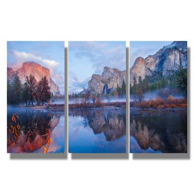 3 Piece Wall Art Merced River and Yosemite Valley Canvas Wall Art Yosemite National Park Wall Decor Yosemite Reflection Pictures for Bedroom Posters Framed Wall Art Ready to Hang 16X24X3 INCH