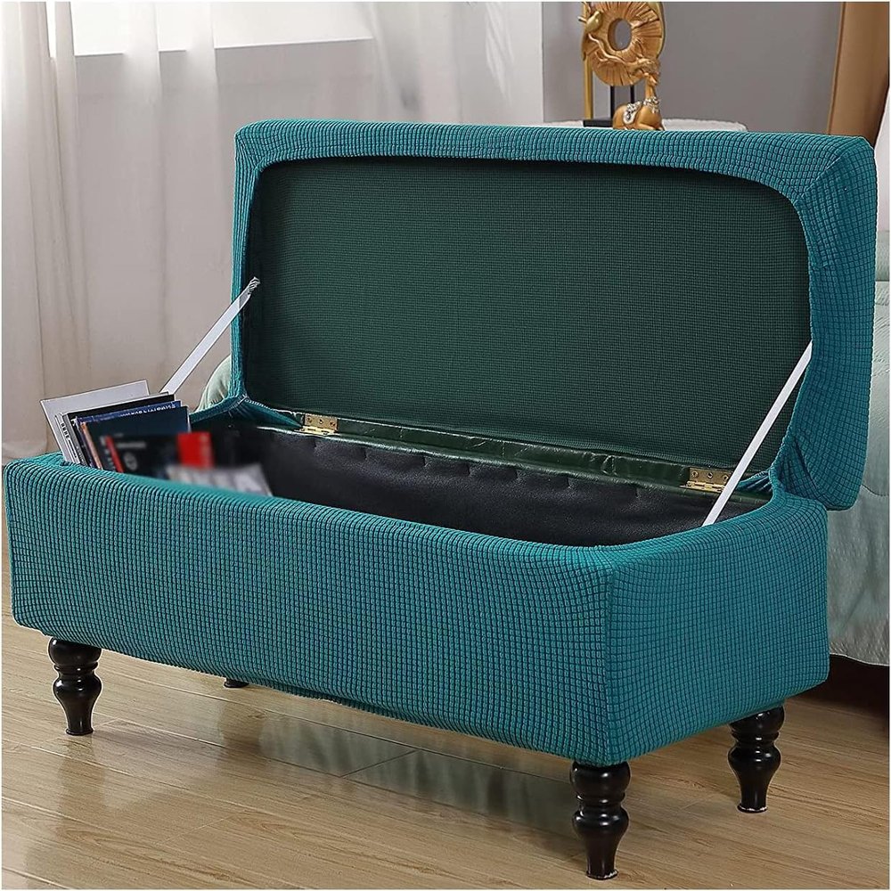 Stretch Rectangle Ottoman Cover With Lid, Storage Ottoman Bench Slipcovers Folding Storage Footstool Cover Rectangle Footrest Cover Pouffe Covers Removable Furniture Protectors ( Color : Peacock Blue