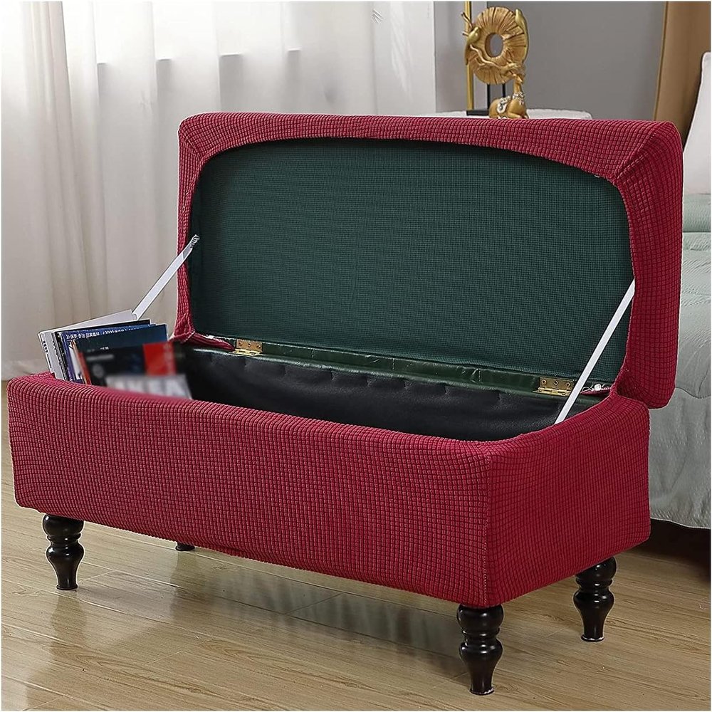 Stretch Rectangle Ottoman Cover With Lid, Storage Ottoman Bench Slipcovers Folding Storage Footstool Cover Rectangle Footrest Cover Pouffe Covers Removable Furniture Protectors ( Color : Dark Red , Si