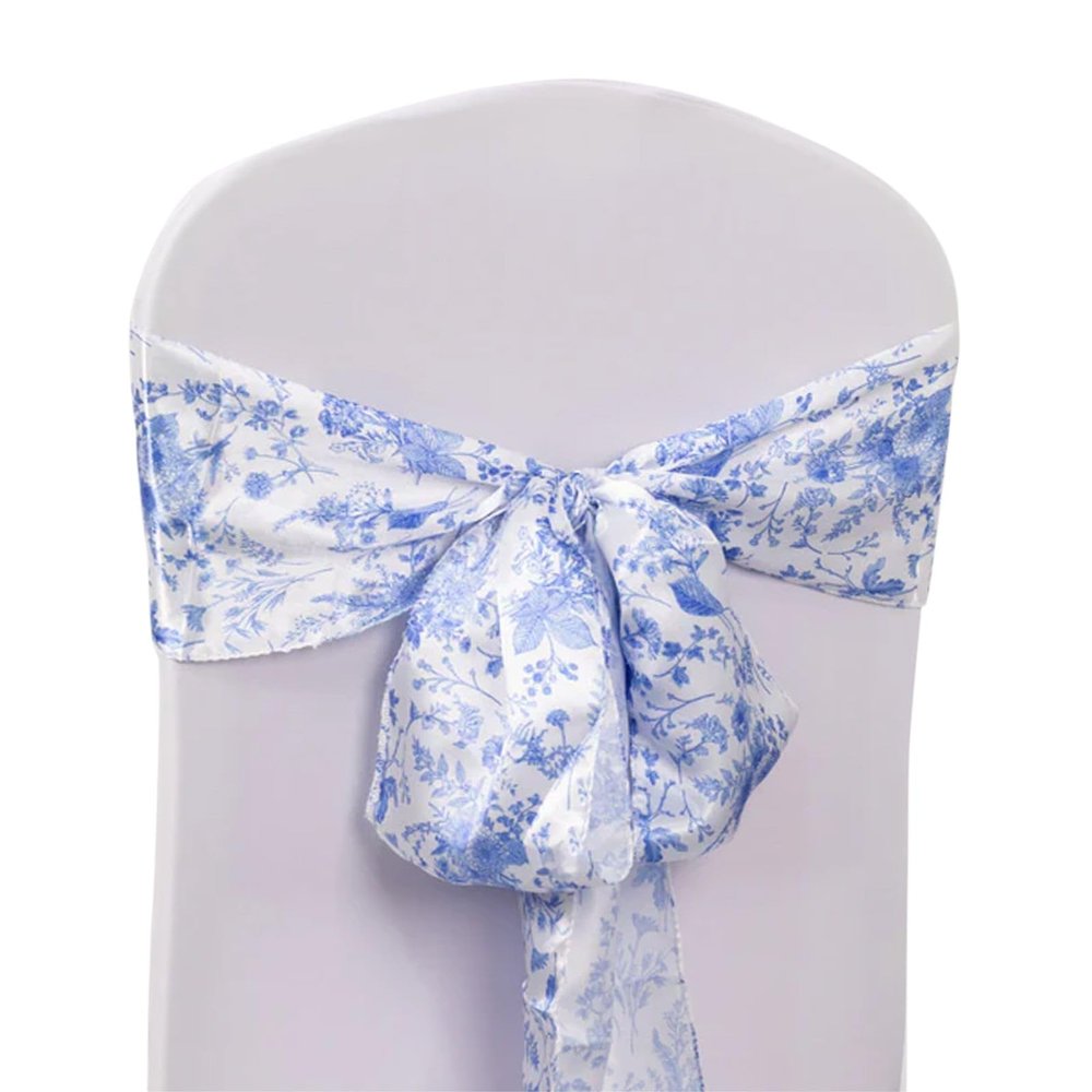 Efavormart 5 Pack White Blue Chinoiserie Floral Print Satin Chair Sashes Covers, Chair Bows - 6"X108"