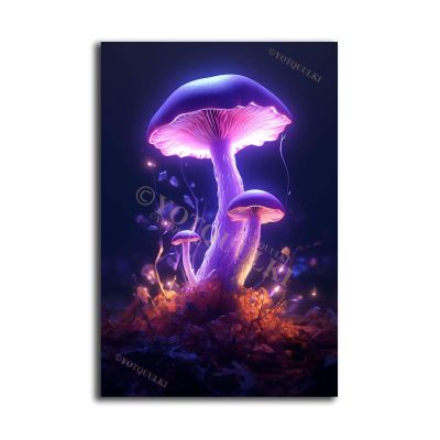 YOTQUULKI Abstract Plant Purple Blue Mushroom Poster Canvas Print Artwork for Living Room Wall Decor and Home Decor 12.00"x18.00" Wooden Framed