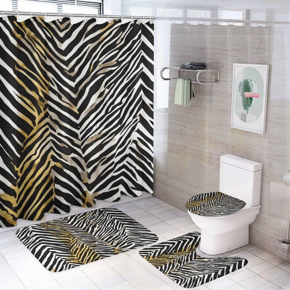 ZGDPBYF Zebra Cheetah 3 Piece Bath Mats Abstract Blackwhite Stripe Wave Waterproof Non Slip Bath Mat Set, Washable Rug for Bathroom,-3-Piece Set