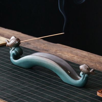 Ceramic Incense Burner Holder for Sticks, Backflow Incense Sticks Holder, Ash Catcher for Home Decoration, Meditation and Yoga (Color : Green)