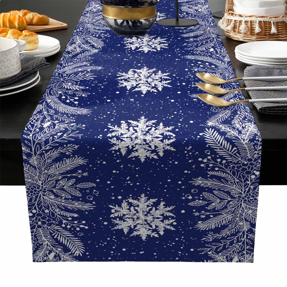 Onekaccu Blue Christmas Table Runner 108 Inches Long for Dining Table Decor, Cotton Linen Winter Snowflake Table Runner Washable Dresser Scarf for Kitchen Christmas Holiday Seasonal Leaves Pine Cones