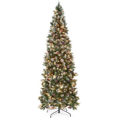 Best Choice Products 9ft Pre-lit Pencil Christmas Tree, Partially Flocked & Frosted Slim Holiday Tree Decoration, Skinny Xmas Tree, 450 Lights, 1,298 Frosted Tips, 82 Pine Cones, Foldable Stand