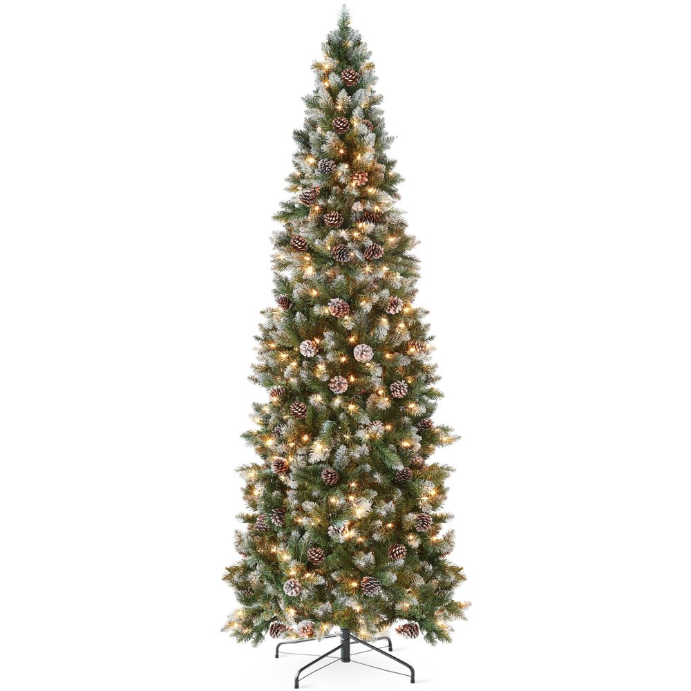 Best Choice Products 9ft Pre-lit Pencil Christmas Tree, Partially Flocked & Frosted Slim Holiday Tree Decoration, Skinny Xmas Tree, 450 Lights, 1,298 Frosted Tips, 82 Pine Cones, Foldable Stand