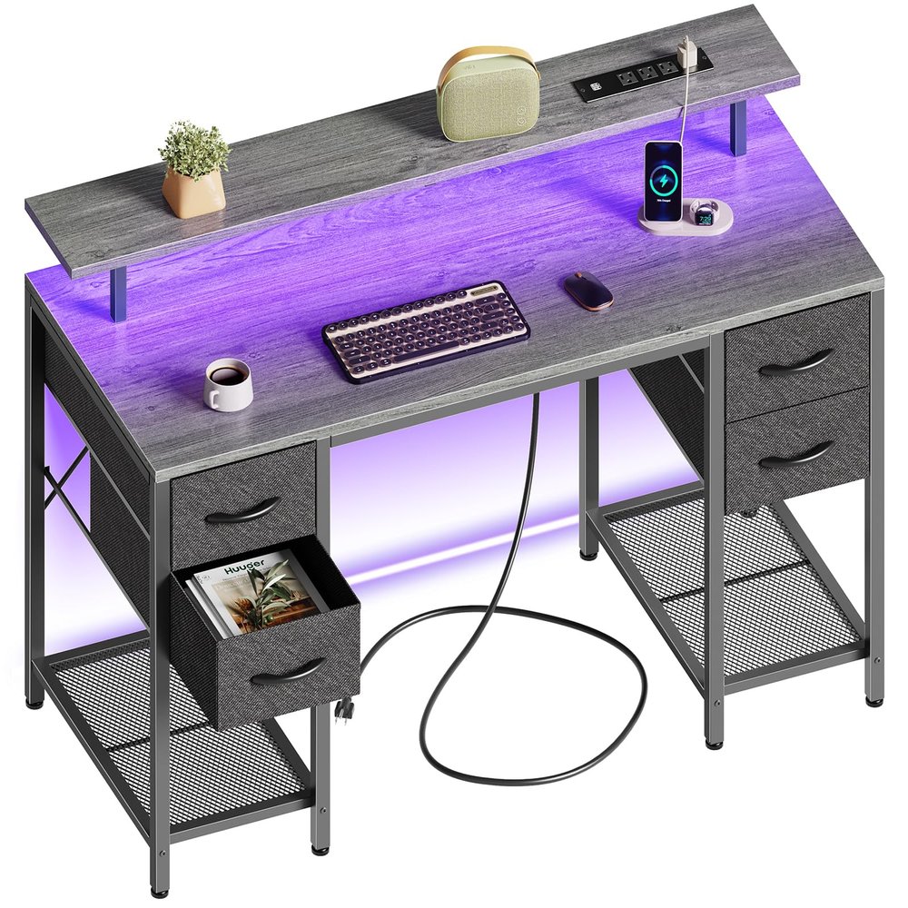 Huuger 47 inch Computer Desk with 4 Drawers, Gaming Desk with LED Lights & Power Outlets, Home Office Desk with Large Storage Space for Bedroom, Work from Home, Grey