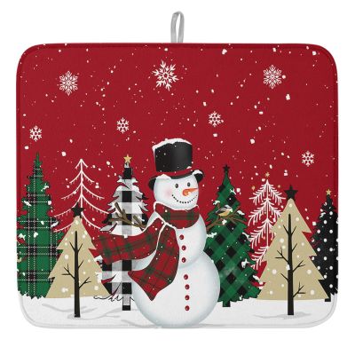 Christmas Tree Snowman Dish Drying Mats for Kitchen Counter, Snowflake Microfiber Absorbent Dish Drainer/Rack Mat,Reversible Hangding Quick Drying kitchen Drying Mat