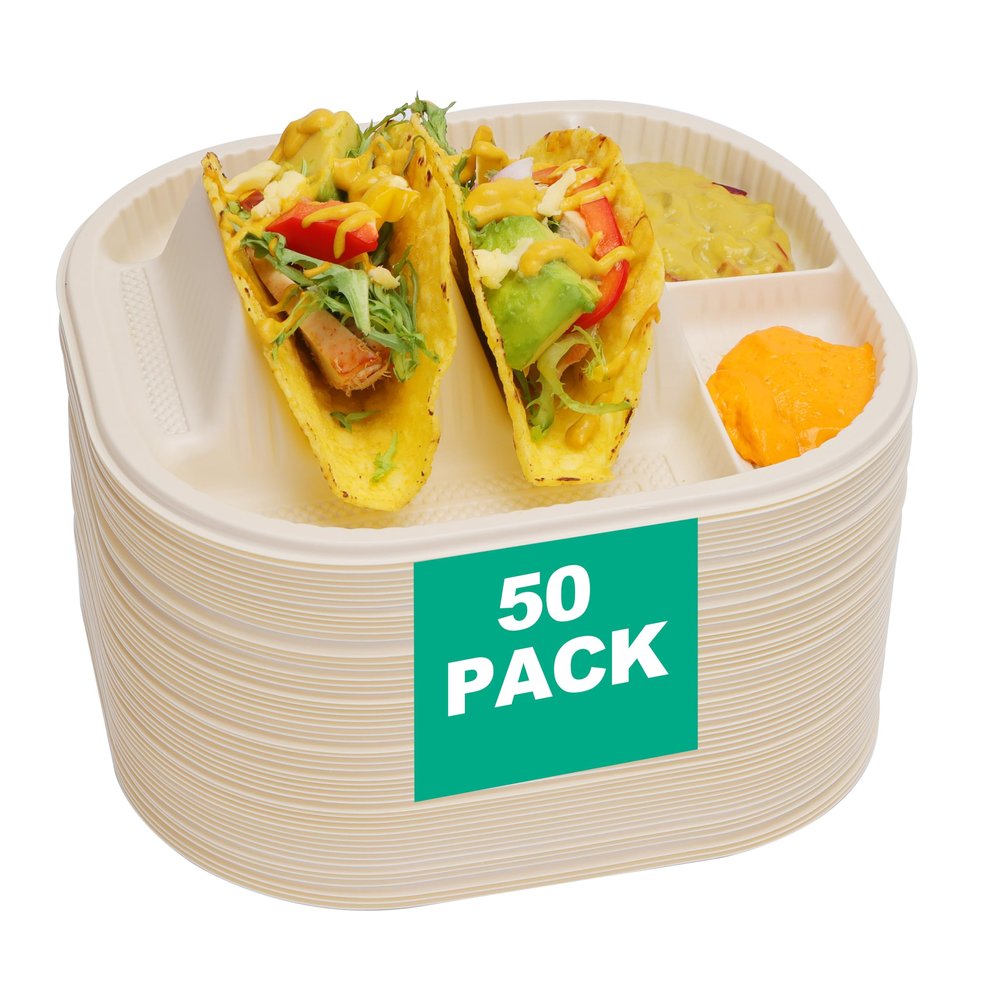 50-Pack Disposable Taco Plates for 2 Tacos & 2 Sides - For Most 4-6 IN Small Hard Shells - Biodegradable Cornstarch Holder Plates - Microwave Safe - Ideal for Fiesta, Bar, Party