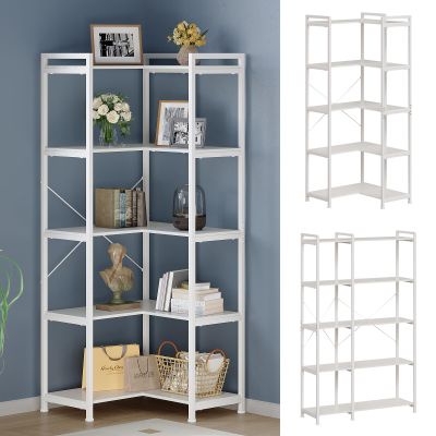 Tohomeor Bookshelf 5 Tier Deformable Corner Bookcase Free Standing Modern Industrial Book Storage Display Book Shelf for Bedroom Living Room Study Room Office (White)