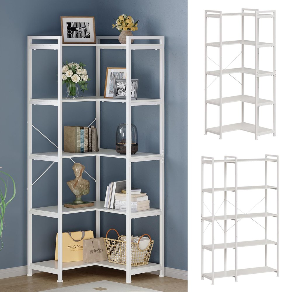 Tohomeor Bookshelf 5 Tier Deformable Corner Bookcase Free Standing Modern Industrial Book Storage Display Book Shelf for Bedroom Living Room Study Room Office (White)