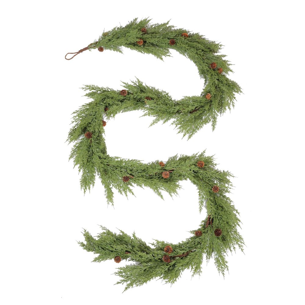WBHome Real Touch Cypress Cedar & Pine Cone Evergreen Garland for Christmas Holiday Seasonal Outdoor/Indoor Home Decor, 9FT Long