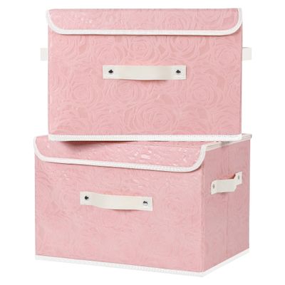 ANMINY 2PCS Fabric Storage Bin with Lid Rose Print Box Basket with PU Leather Handles Washable PP Plastic Board Decorative Foldable Lidded Shelf Cubes Closet Organizer Container - Pink, Large Size