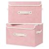 ANMINY 2PCS Fabric Storage Bin with Lid Rose Print Box Basket with PU Leather Handles Washable PP Plastic Board Decorative Foldable Lidded Shelf Cubes Closet Organizer Container - Pink, Large Size view 1