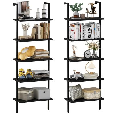 aboxoo Ladder Shelf 2PCS Open Bookshelf 5-Tier Wood Wall-Mounted Black Bookcase Storage Rack Open Industrial Modern Plant Stand Utility Organizer Bookcase Metal Frame Furniture Office Kitchen Bedroom