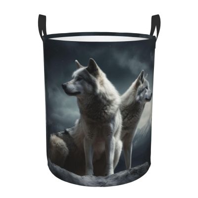 wolf at night print Circular Hamper Waterproof Storage Bin Organizer Basket Laundry Hamper With Handles For Clothes Toys Small