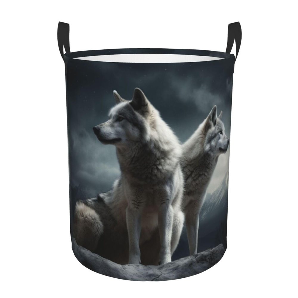 wolf at night print Circular Hamper Waterproof Storage Bin Organizer Basket Laundry Hamper With Handles For Clothes Toys Small