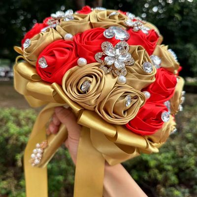 Sharebeauty 7.5" Handmade Satin Rose Bridal Bouquet Toss Round Wedding Bouquet Throw Toss Artificial Flower Bunch Pale Gold + Red
