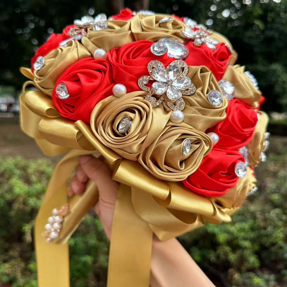 Sharebeauty 7.5" Handmade Satin Rose Bridal Bouquet Toss Round Wedding Bouquet Throw Toss Artificial Flower Bunch Pale Gold + Red