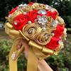 Sharebeauty 7.5" Handmade Satin Rose Bridal Bouquet Toss Round Wedding Bouquet Throw Toss Artificial Flower Bunch Pale Gold + Red view 1