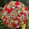 Sharebeauty 7.5" Handmade Satin Rose Bridal Bouquet Toss Round Wedding Bouquet Throw Toss Artificial Flower Bunch Pale Gold + Red view 2