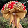 Sharebeauty 7.5" Handmade Satin Rose Bridal Bouquet Toss Round Wedding Bouquet Throw Toss Artificial Flower Bunch Pale Gold + Red view 3