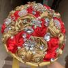 Sharebeauty 7.5" Handmade Satin Rose Bridal Bouquet Toss Round Wedding Bouquet Throw Toss Artificial Flower Bunch Pale Gold + Red view 4