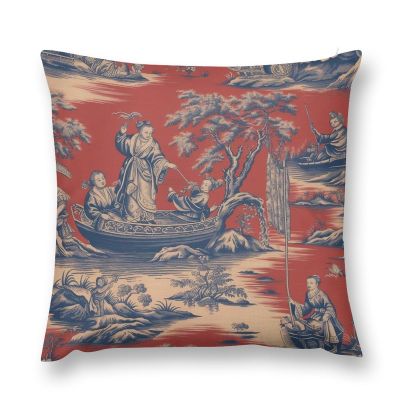 MangGou Red Navy Toile Velvet Pillow Covers Royal Dynasty Cushion Cover 14 "x14 Chinoiserie Style Pillow Case Eurosham Accent Toss Pillowcase Rustic Farmhouse Decor for Sofa Living Room Bedroom