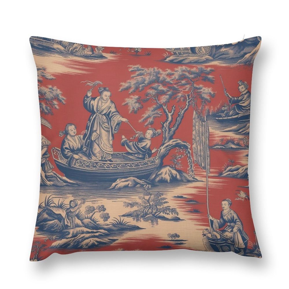 MangGou Red Navy Toile Velvet Pillow Covers Royal Dynasty Cushion Cover 14 "x14 Chinoiserie Style Pillow Case Eurosham Accent Toss Pillowcase Rustic Farmhouse Decor for Sofa Living Room Bedroom