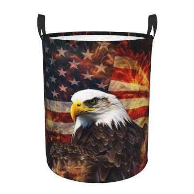 American Flag Fire Eagle print Circular Hamper Waterproof Storage Bin Organizer Basket Laundry Hamper With Handles For Clothes Toys Small