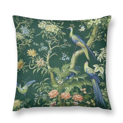 MangGou Bird Flower Floral Throw Pillow Cover Aqua and Green Velvet Pillow Cases Chinoiserie Cushion Cover Farmhouse Pillow Covers Home Decor for Couch Bedroom Living Room 14 "x14