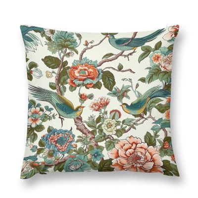MangGou Bird Peony Floral Throw Pillow Cover Coral Turquoise Blue Velvet Pillow Cases Chinoiserie Cushion Cover Farmhouse Pillow Covers Rutic Home Decor for Couch Bedroom Living Room 16 "x16