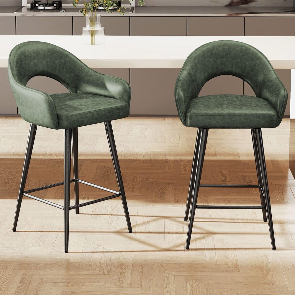 LukeAlon PU Leather Swivel Counter Stools Set of 2, Open Back 27" Seat Height Low Barstools with Metal Legs Modern Kitchen Stools with Footrest for Home Bar Dining Room, Green